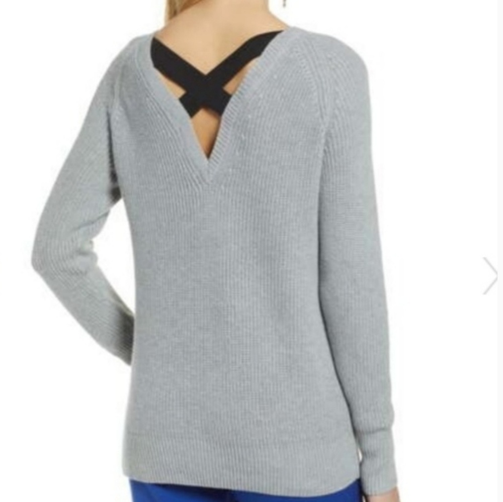 HALOGEN CROSS BACK SWEATER. GREY. SIZE: XL